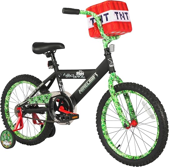 Minecraft 18-Inch Kids Bike - Unisex Bike with Creeper Graphics, Coaster Brake, Adjustable Seat, Removable Training Wheels, Ages 6-9, 42-53 Tall