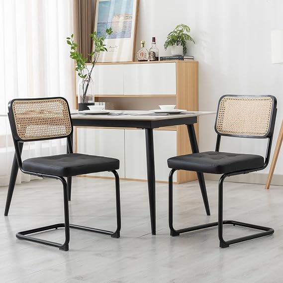 KCC Modern Dining Chairs Set of 2, Faux Leather Rattan Chair,Black