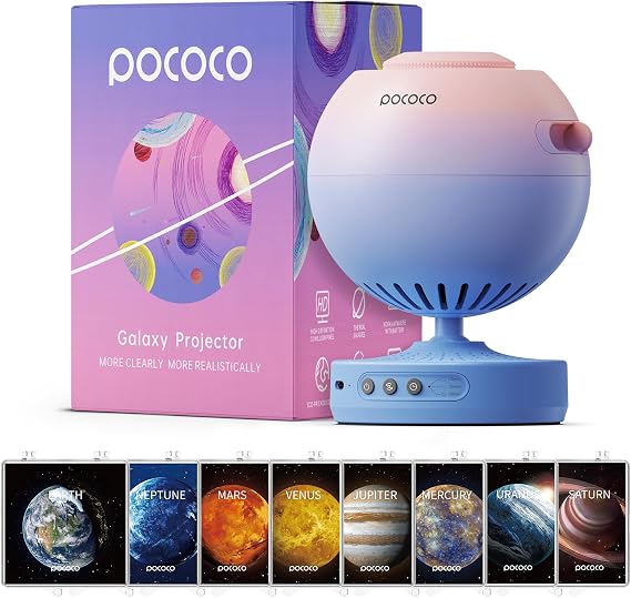 POCOCO Galaxy Star Projector + Immersive Planet Series Discs | 10 Discs Total, Rechargeable, 1W Soft Light, 2 Megapixel Lens, 5K Discs, Realistic Galaxy
