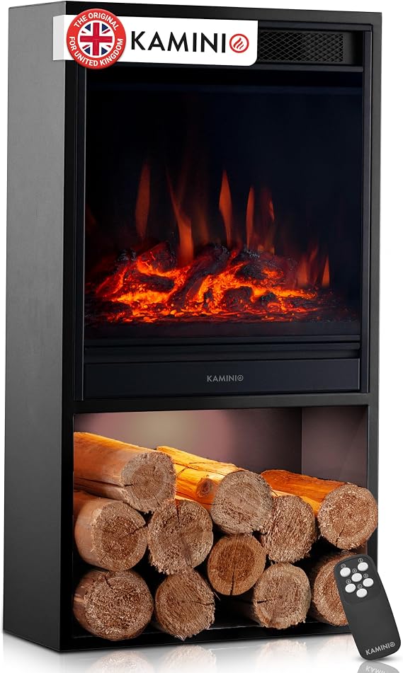 KAMINIO Electric Fireplace HUGO - Electric Stove with Heater, 3D Flame Effect, LED Mood Light, Wood Storage Compartment, Remote Control (Black) [Energy Class A]