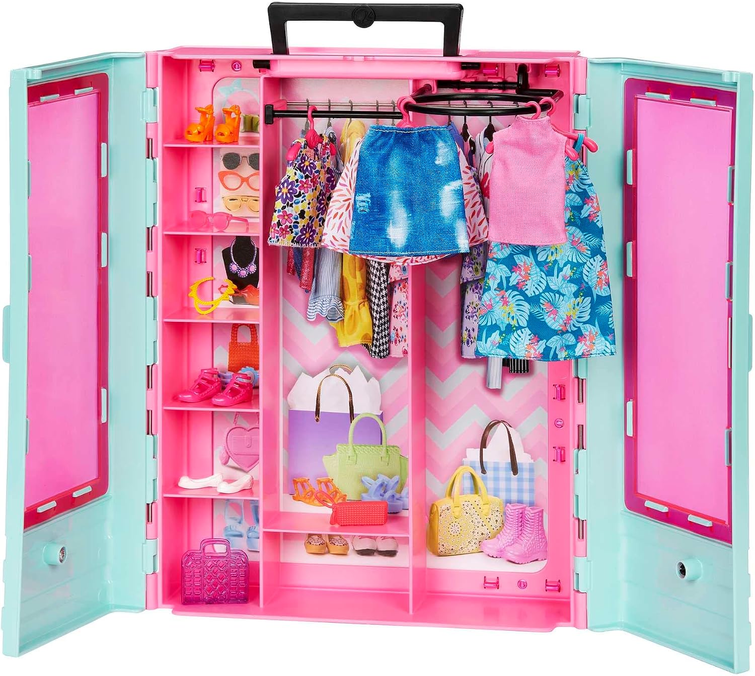 Barbie HKR92 Wardrobe with Clothes and Accessories Wardrobe with Folding Doors and Carry Handle Dolls Not Included Gift for Children Toy from 3 Years