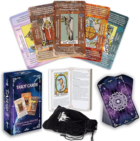 IXIGER Tarot Cards Set With Guide Book for Beginners - Deck With Meanings, Fortune Telling Game, Velvet Storage Bag