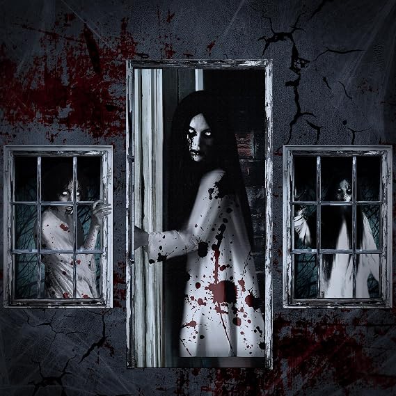Fanfanwin 3 Pcs Halloween Door Covers Window Ghost Poster,Female Ghost