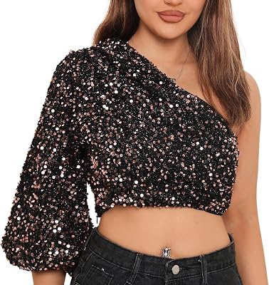 Sequin Top for Women Sparkle One Shoulder 34 Slveeve Club Party Crop Tops ZT031-Black-M