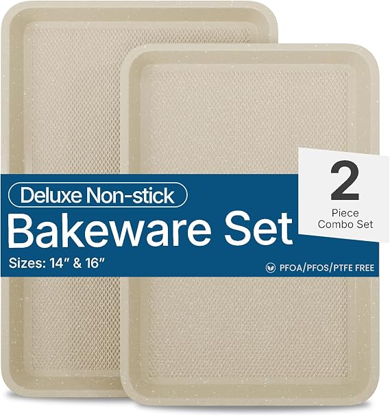 Diamond Bottom Cookie Sheet Set of 2, Nonstick White Marble Carbon Steel Baking Pans for Crisp Baking, Space-Saving Stackable Trays, PFOA, PFOS, PTFE Free, Oven Safe Up to 450F, Small & Medium Pans