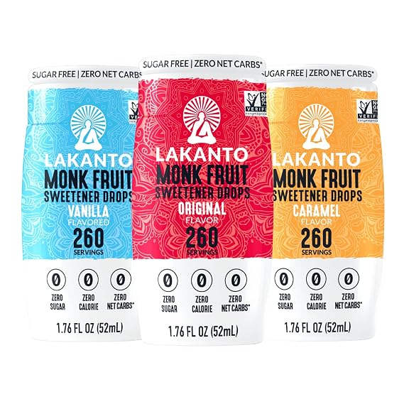Lakanto Pure Monk Fruit Extract Drops Bundle (Original, Vanilla, Caramel) Perfect for Coffee, Tea, Smoothies, Cereal, Granola, Oatmeal, Cocktails, and More