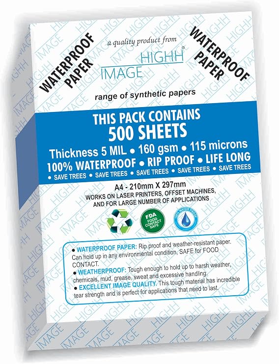 Waterproof Paper | 500 Sheets Bulk Pack, A4, 160 GSM Thickness 5 MIL, Synthetic Paper, from HIGHH IMAGE for Laser Printers.