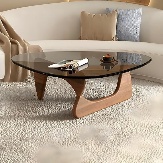 Triangle Glass Coffee Table,Noguchi Aesthetic Coffee Table, Vintage Coffee Table for Living Room- 32" L x 22.5" W x 16" H Gray/Clear Glass Top Walnut Color Wood Base
