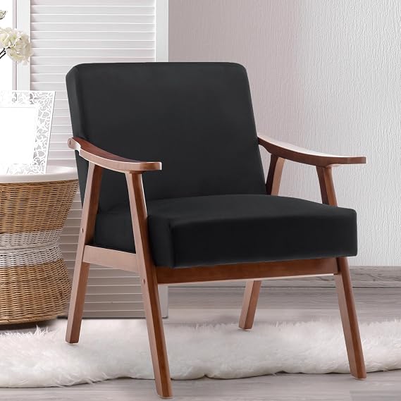 Mid Century Modern Accent Chairs with Solid Wood Frame, Comfortable Accent Chair with Arms, for Living Room or Bedroom, Black