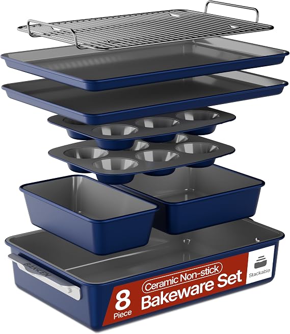 Bakken 8-Piece Ceramic Coated Bakeware Sets, Nonstick Aluminized Steel Pans with Muffin, Loaf, Cake, Roasting Pan, Cooling Rack, Oven Safe Up To 500F, Dishwasher Safe, BPA, PTFE & PFAS Free, Blue