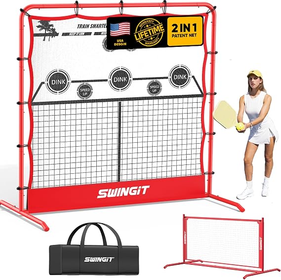 SwingIt Pickleball Practice Rebounder Net 6FT Mini Pickle Ball Net Portable for Outdoor Driveway Backyard and Indoor Garage 2in1 Training Equipment for Dink Volley Tennis Practice Rebounder (Red)