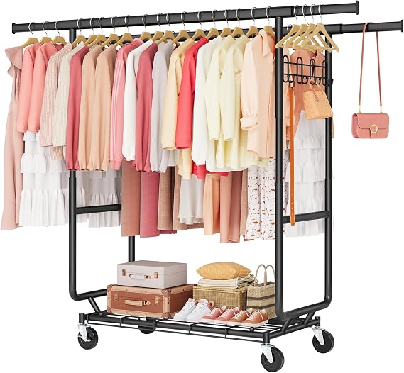 Hoctieon 2-Minute Assembly Double Rod Clothes Rack, Heavy Duty Rolling Clothing Racks with Wheels, Foldable Commercial Garment Rack, Extendable Hanging Bar, Adjustable Metal Pole with Hooks, Black