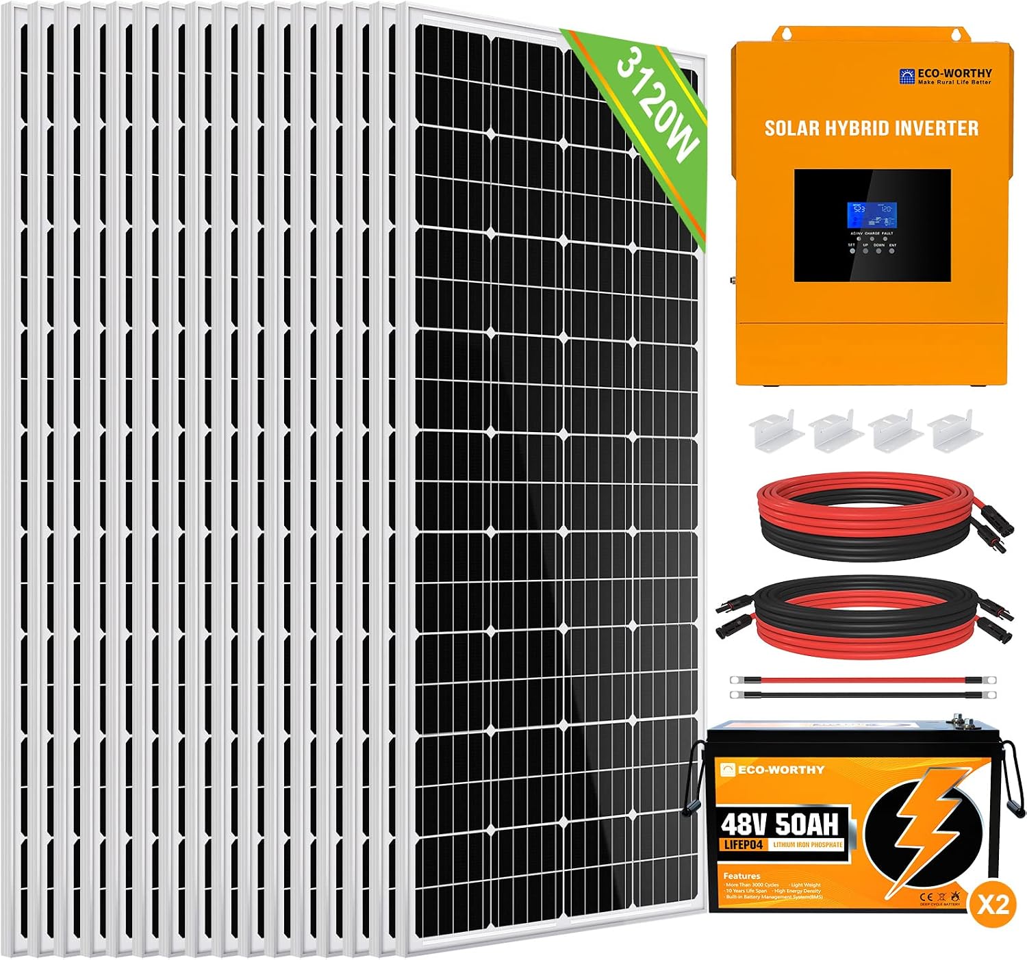ECO-WORTHY 12.5KWH 3120W 48V Solar Power System for House,Shed: 16pcs 195W Mono Solar Panel  5000W All-in-one MPPT Solar Charger Inverter  2pcs 48V 50AH Lithium Battery（5.12KWH） Z-Bracket