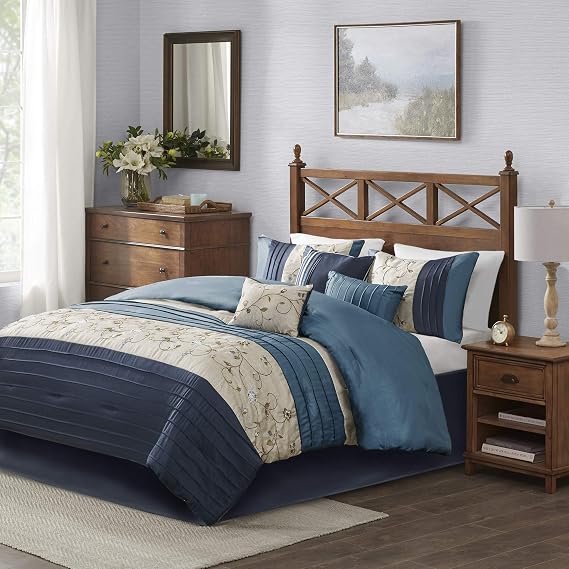 Madison Park Faux Silk Floral Embroidered Comforter Set, 7PC Queen | All Season, with Comforter, Shams, Bed Skirt, Decorative Pillows, Navy