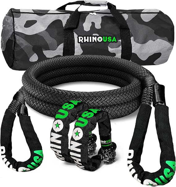 Rhino USA Kinetic Bridle Rope Recovery Kit, 1in x 10ft w/Soft Shackles | 2 Soft Shackles Included for Offroad Snatch Recovery. For UTV, ATV, Truck, Jeep & Tractor Towing, Backed for Life. Black