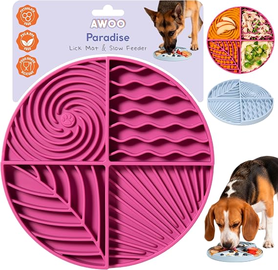 Paradise - Dog Lick Mat for Slow Feeding & Anxiety - Non-Slip Silicone Slow Feeder with Suction Cups - Dishwasher Safe Pet Dish for Grooming, Training, and Boredom Relief (Fuschia)