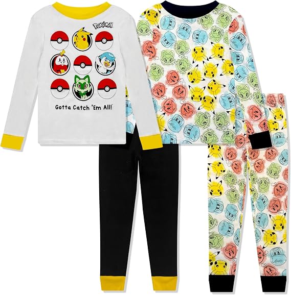 Boys 4 Piece Pajama Set - Cotton Boys PJ Set Long Sleeve Shirt & Pants - Sonic, Mario, Hot Wheels, Pokemon