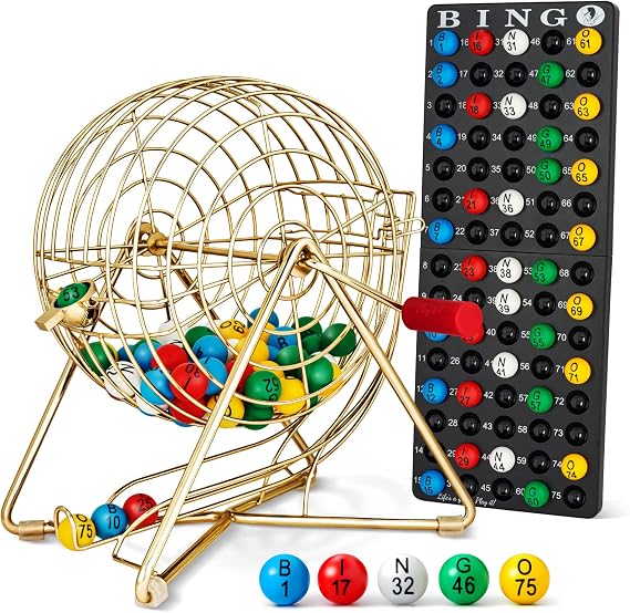 MR CHIPS 11" (Inch) Tall Professional Bingo Set with Steel Cage, Everlasting 7/8 Balls, Master Board for Balls - Luxury Gold Color