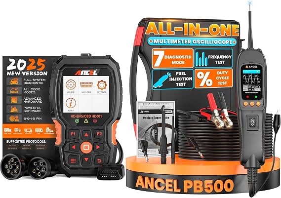 ANCEL HD601 Heavy Duty Truck Scanner + ANCEL PB500 Automotive Power Circuit Probe Tester Kit, 12/24V Car Electrical Short/Open Breaker Finder, AC/DC Diode Resistance Frequency Injector Relay Tester, D