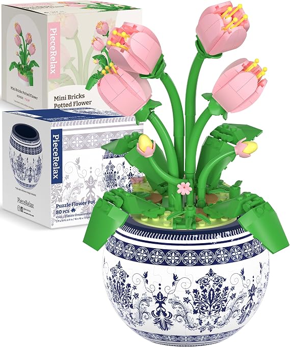 PieceRelax Puzzle Planter and Flower Decoration Building Set - Singing Birds and Flowers with Lotus (3D Puzzle Planter with Flower Bouquet Building Decoration Set) [K1103+KZ1030]