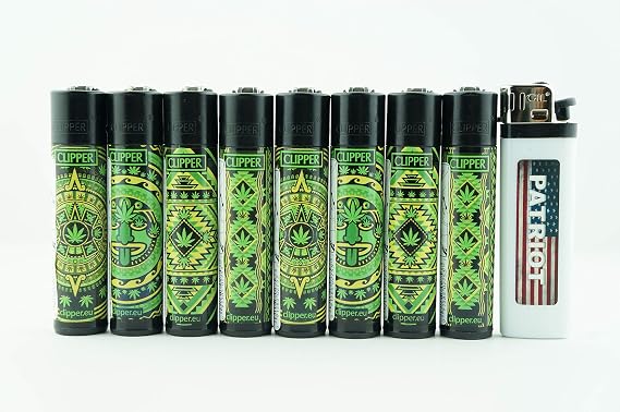 Bundle 9 Items - 8 Refillable Clipper Aztecs And 1 Disposable Patriot Lighters