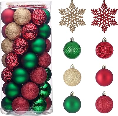 Valery Madelyn Christmas Tree Decorations Ornament Set, 50ct 2.36 Inches Red Green and Gold Shatterproof Christmas Ball Ornaments Hanging Xmas Holiday Party Decor