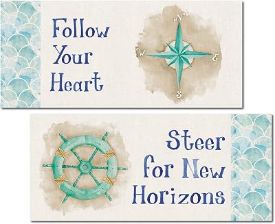 Gango Home Décor Nautical Watercolor-Style Inspirational Follow Your Heart and Steer For New Horizons Captains Wheel and Compass Set By Elyse DeNeige; Two 18x8in Unframed Paper Posters