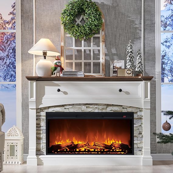 OKD 52" Farmhouse Electric Fireplace with Mantel, Tall Fireplace TV Stand w/Sime-Open Cubby, 36" Freestanding Electric Fireplace Heater, Adjustable 3D Realistic Flame, Antique White