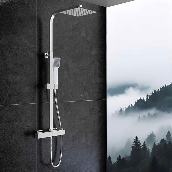 Sky Bathroom Thermostatic Shower Mixer Set | 8" Rainfall Shower & Handheld Head | Wall Mounted Bar Mixer Shower Chrome Finish | Stainless Steel Adjustable Sliding Riser Rail Kit