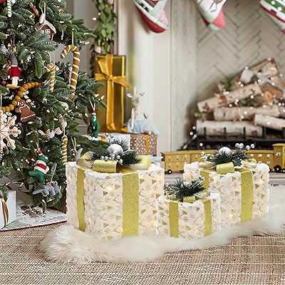 LuxenHome Set of 3 Lighted Gift Boxes, Battery Operated Snowflake Fabric with Gold Ribbon Bow Boxes for Xmas, Lawn, Porch, Under Tree Indoor, Outdoor Christmas Decorations