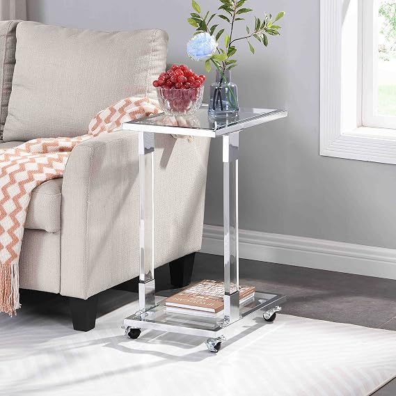 C-Shape Silver Tempered Glass Side Table with Wheels