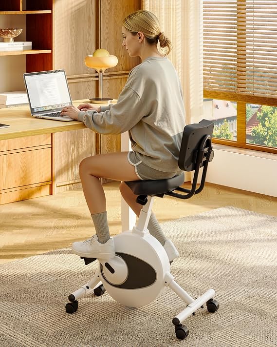FLEXISPOT Multi-Task Office Desk Chair with Integrated Bike Comfortable Low-Back Lumbar Support Wheels, Space Saving Armless Chairs for Home Office Desk Active Working Relaxing Exercising, White