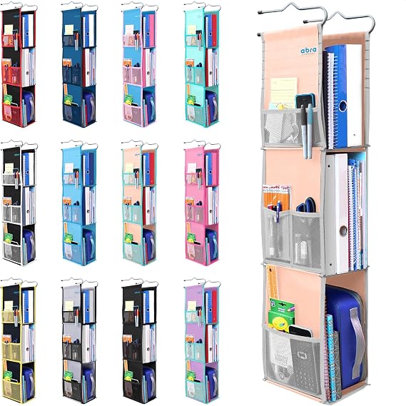 ABRA 3 Shelf Hanging Locker Organizer for School, Gym, Work, Storage | Deep Shelves 6x 9| Eco-Friendly Fabric Healthy for Children | Adjustable School Locker Shelf 3 to 2 (Cozy Peach/Grey)