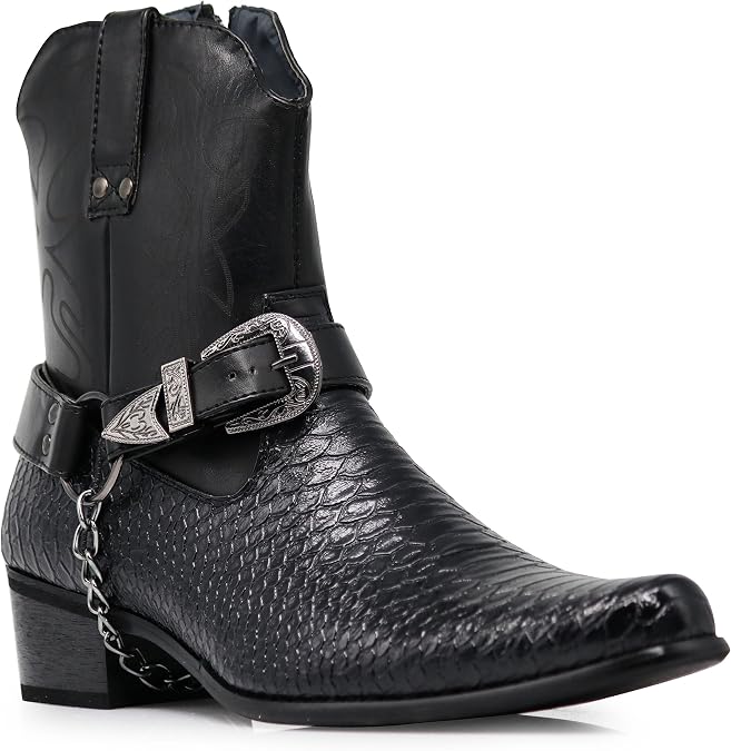 Men's Crocodile Prints Western Cowboy Boots with Side Zipper, Belt Buckle and Metal Chain