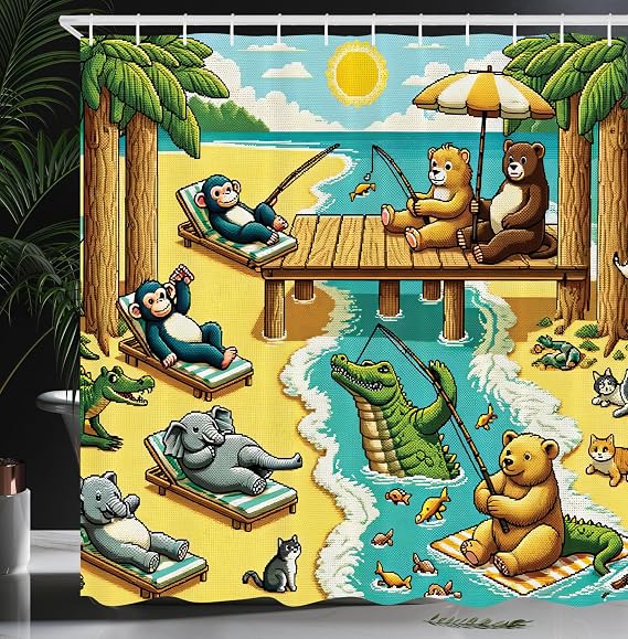 Ambesonne Funny Animals Shower Curtain, Sunbathing Elephants Monkeys Fishing Bears Swimming Gator Happy Day, Cloth Fabric Bathroom Decor Set with Hooks, 69" W x 70" L, Yellow Aqua Green