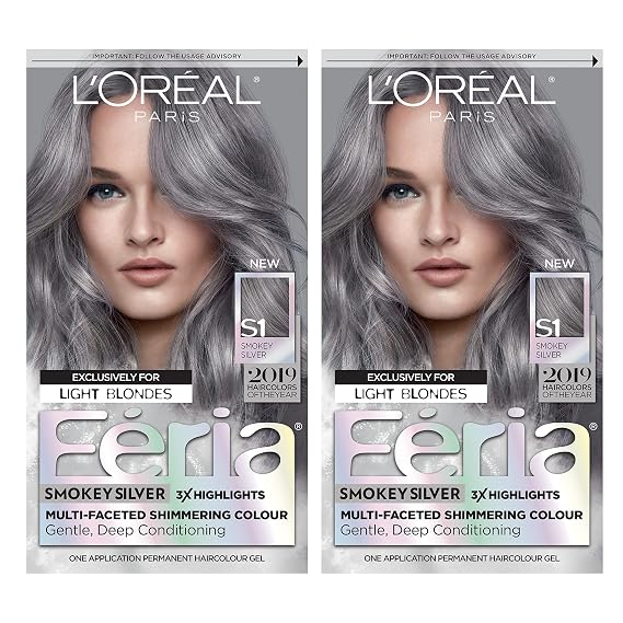L'Oreal Paris Feria Multi-Faceted Shimmering Permanent Hair Color, Smokey Silver, Hair Dye Kit, Pack of 2