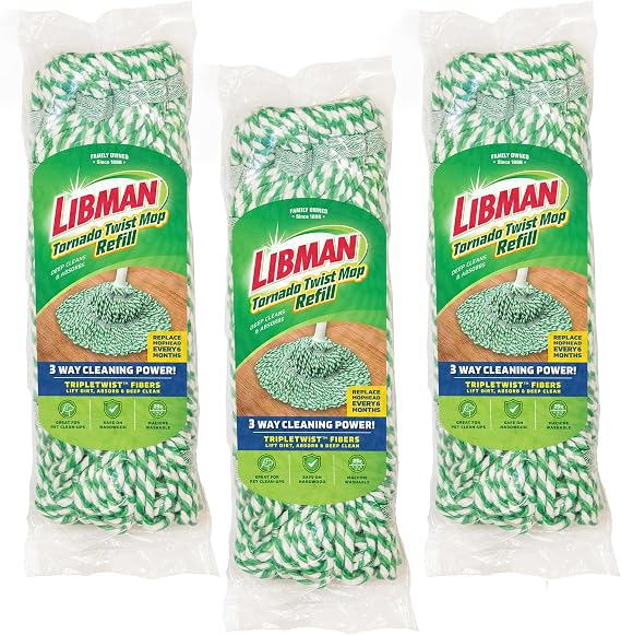 Libman Tornado Mop Refill, Direct Replacement Head for Libman Self Wringing Twist Mop, Cotton, Machine Washable, 3 Pack