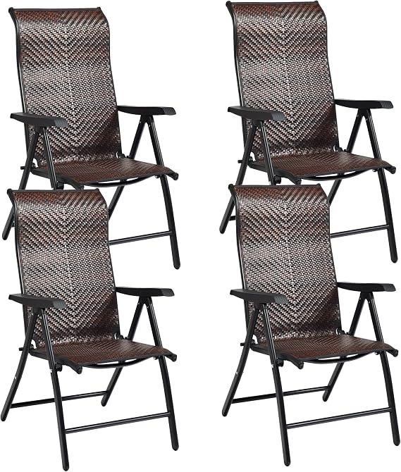 Tangkula Foldable Patio Wicker Dining Chairs Set of 4, Portable High Back Outdoor Wicker Chair with 5-Level Adjustable Backrest, No Assembly Reclining Chairs for Porch Deck Garden Balcony (4)