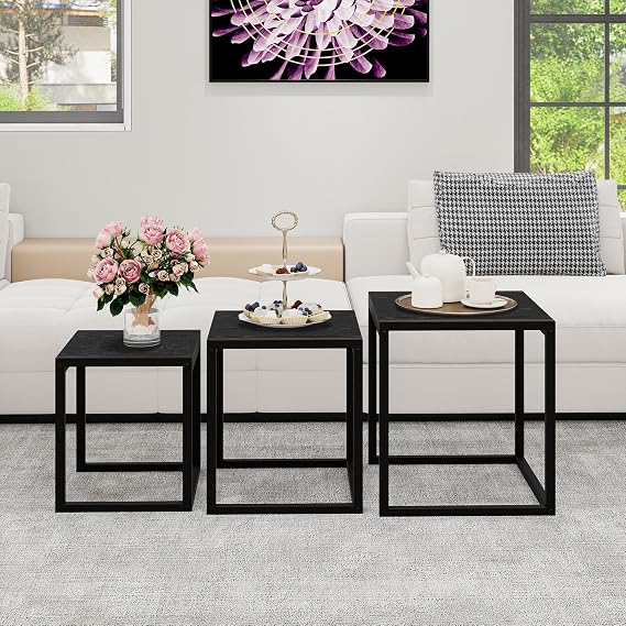 Nesting Coffee Table Set of 3, Stacking Metal Side Tables, Black