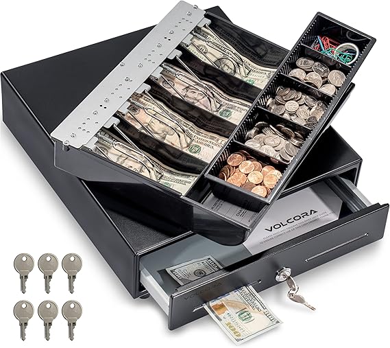 Volcora 13" Cash Register Drawer for Point of Sale (POS) System with Fully Removable 2 Tier Cash Tray, 4 Bill/5 Coin, 12-24V, RJ11/RJ12 Key-Lock, Double Media Slot, Small Money Drawer, Black
