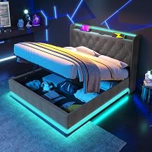 4ft6 Upholstered Ottoman Bed Double with 360 Surround Led Function and USB Type-C, Hydraulic Double Bed Frame 135x190 cm with Large Storage Space and Headboard, Linen, Grey, No Mattress
