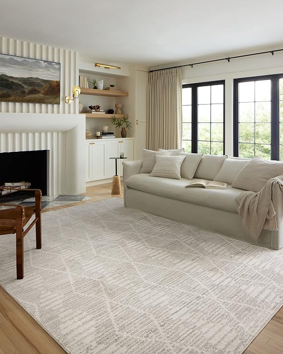 Loloi Kamala Ivory/Silver 7'-10" x 10' Area Rug | KAM-02 Approx. 8x10 Ivory / White Living room Dining room Bedroom, Modern, Moroccan, Neutral, Area Rug