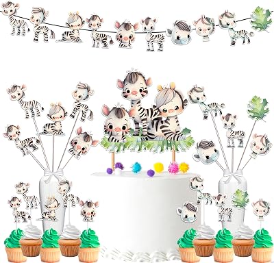 Zebra Baby Shower and Birthday Party Supplies Set - Banner, Centerpieces, Cupcake Toppers, Cake Topper