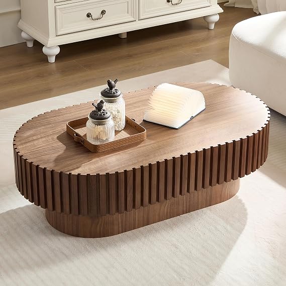 Oval Coffee Table, 43.7 Inch Modern Handcraft Solid Wood Drum Coffee Table for Living Room, Office, Small Space, Easy Assembly (Walnut)