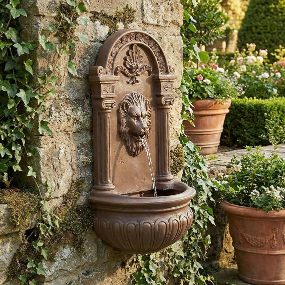 Aged Claystone Lion Head Wall Fountain Classic Tuscan Outdoor Decor, Antique Brown Finish