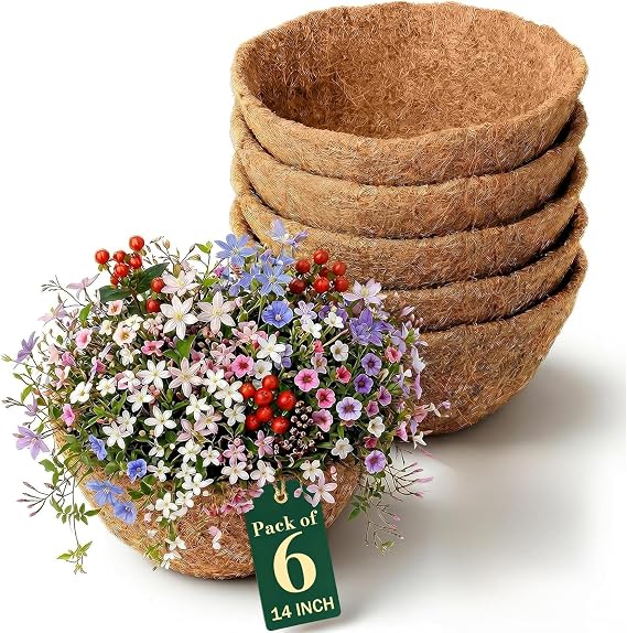 Coco Liners for Planters 14 Inch, 6 Pack Coco Basket Liners for Hanging Baskets, Thick Natural Coconut Fiber Planter Liner for Outdoor Pots, Window Boxes & Wire Baskets